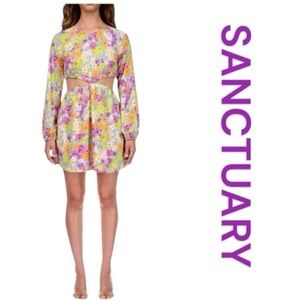 SANCTUARY Floral Cutout Mini Dress, Long Sleeve, Size M.